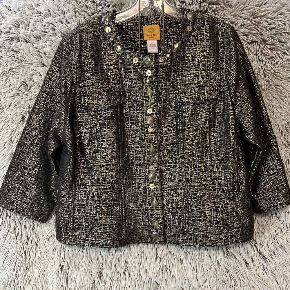 Ruby Rd Petite Gold Black Metallic 3/4 Sleeve Beads Pockets Round Neck Jacket 16